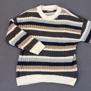 SO Slouchy Crewneck Sweater Womens Med Beige Khaki Striped Textured Knit Waffle